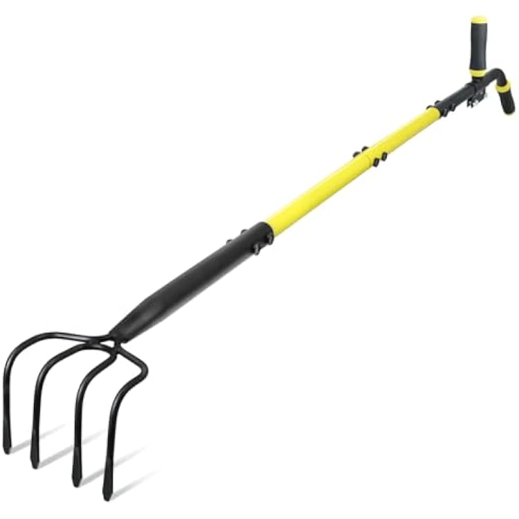 Jardineer 4-Tine Cultivator Rake with Auxiliary Handle, Garden Cultivator Long Handle, Hand Tiller Tool for Gardening Digging Loosening Weeding