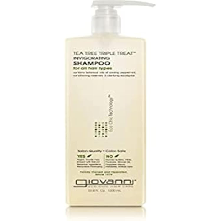 GIOVANNI Tea Tree Triple Treat Invigorating Shampoo, 33.8 oz. Liter - Cooling Peppermint, Eucalyptus, Rosemary, Helps Dry Flaking Scalp, Lauryl and Laureth Sulfate Free, Paraben Free