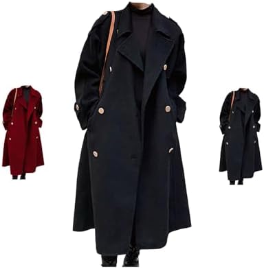 Elegant Wool Coat Women - Double Breasted Mid Long Winter Overcoat with Notch Lapel, Chic Slim Fit Trench Jacket for Work