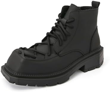 Mens Leather Lace-Up Chunky Platform Heels Chukka Ankle Boots Casual Non-Slip Square Toe Dress Combat Boot for Walking Formal Business