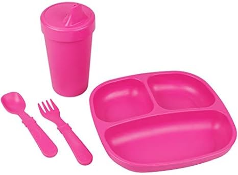 Re-Play Toddler Dinnerware Set - Spill-Proof Sippy Cup, 7" Divided Plate, Fork & Spoon - Durable Recycled Dining Set for Kids - Dishwasher & Microwave Safe - Made in USA - Pink