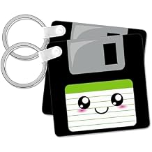 3dRose, Kawaii Cute Happy Floppy Disk - Retro 90s computer storage disk - Fun smiling with Green label, Key Chain
