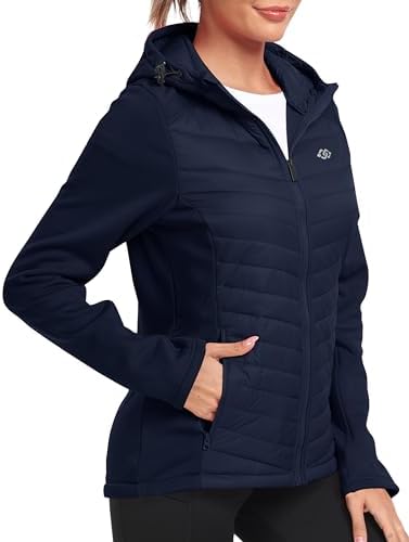 MoFiz Womens Fleece Lined Softshell Jacket Hooded Lightweight Insulated Puffer Hybrid Down Jacket Full Zip Running Coat