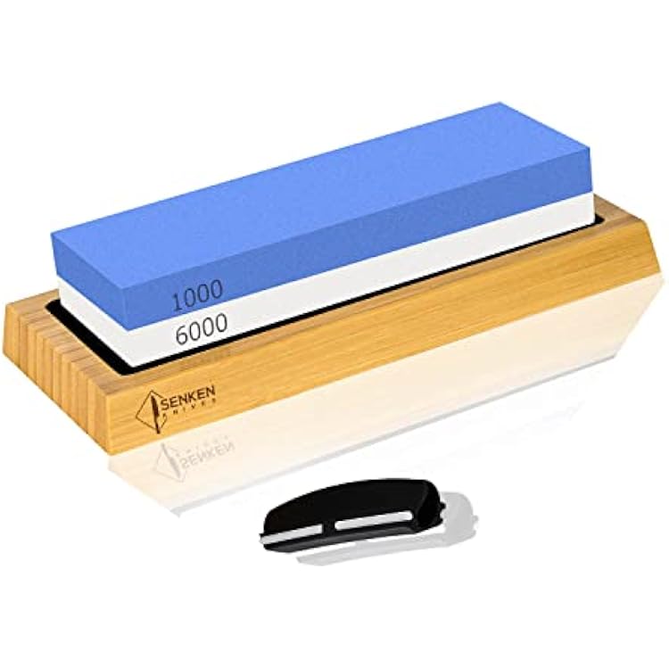 SENKEN 10006000 Grit Japanese Whetstone Kit Knife Sharpening Stone with Angle Guide and Wooden Holder - Dual Function Sharpen & Hone Kitchen Knives and Tools, Includes Non-Slip Bamboo Base