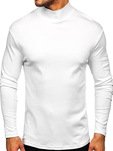 Mens Mock Turtleneck T-Shirt Long Sleeve Pullover Basic Designed Undershirt Stretch Lightweight Top White