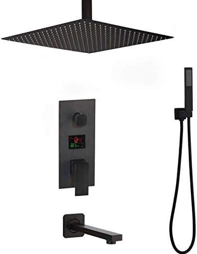 Bathroom Shower System,3-Functions Black Digital Shower Faucets Set Rainfall Shower Head Digital Temp Display Mixer Tap Swivel Tub Spout Bath Shower,Luxury Shower Se,8inch