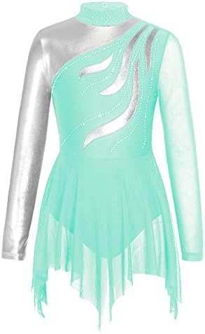 Loyan Kids Girls Long Sleeve Ice Figure Skating Dress Rhinestone Roller Skating Performance Competition Costume