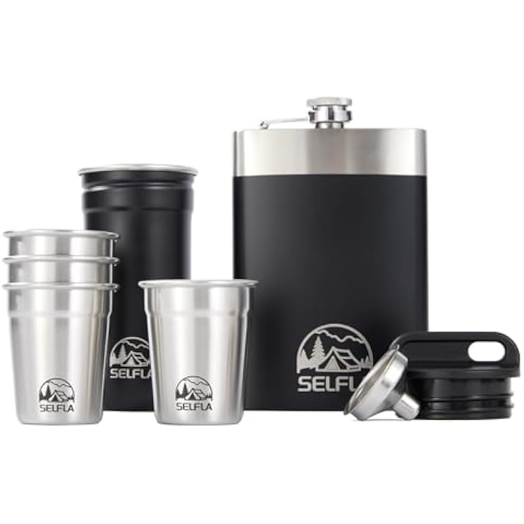 Travel Shot Glass Set, Sleek Stainless Steel Shot Glasses with Portable Travel Flask & Bottle for Climbing, Hiking & Adventures, Lightweight & Easy Cleaning, Perfect for Gift Choices - Black
