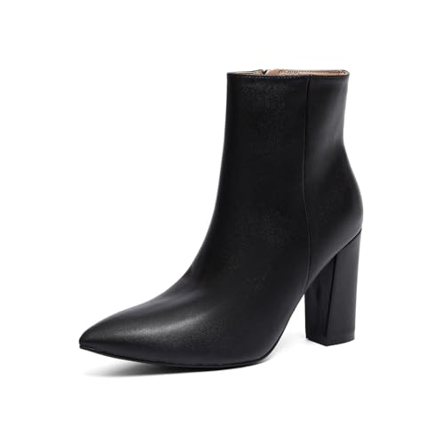 Womens Classic Ankle Boots Black synthetic leather 4-inch square heel Side zip fastening Pointed toe design Non-slip sole Warm and comfortable pointed-toe high-heeled ankle boots