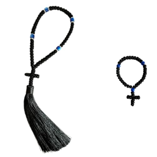 2PCS Black Chotki 33 Knot Christian Orthodox Prayer Rope with 50 Knot, Handmade Blue Beads Greek Omboskoini Prayer Rope,Protection Blessing Cross Charm Tassel Car Hanging Gift Black&Blue