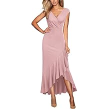 Miusol Women's Elegant V Neck Ruffle Split Style Cocktail Formal Long Dress