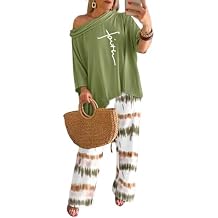 CHICME Womens 2 Piece Outfits Off The Shoulder Printed Batwing Long Sleeve Tops and Wide Leg Pants Matching Sets
