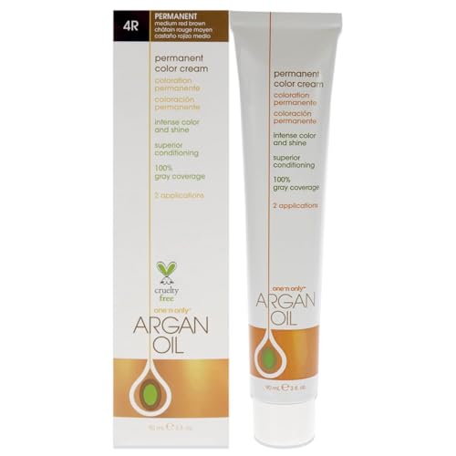 One N Only Permanent Hair Color - Permanent Hair Dye Made with Argan Oil - Delivers Rich, Accurate Tones with Gray Coverage - Improves Moisture & Elasticity - 4R Medium Red Brown 3 oz