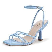 PARTY Women's Square Open Toe Strappy Heeled Sandals 3 inch Stiletto Kitten Heel with Ankle Buckle Strap, Comfortable Slingback Summer Dress Shoes,Blue Pu,7.5,O1