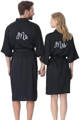 Jecery 2 Pcs Satin His and Hers Robes Set Mr. Mrs. Silk Matching Robe for Couples Women Man Wedding Engagement Bridal Gift