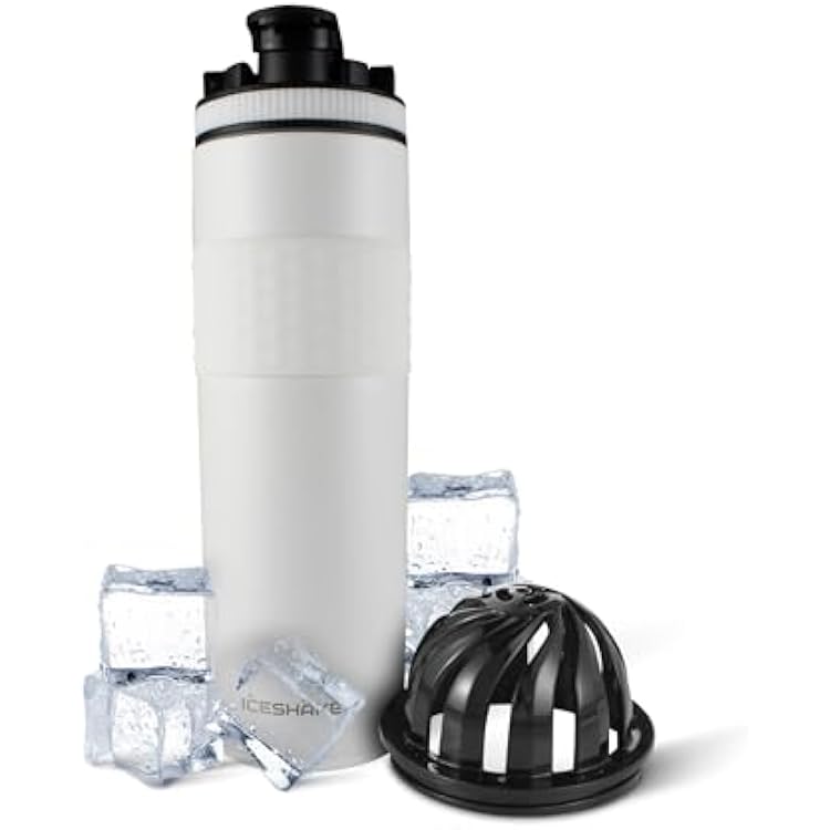 Ice Shaker Insulated Stainless Steel Shaker Bottle | 20 oz, White | Cold for 24 Hours | Insulated Cup with Twist-on Agitator | Odor-Free Bottle for Protein Shakes, Water, Smoothies, Cocktails