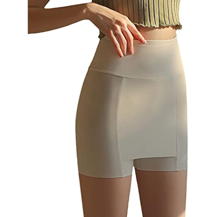 Womens Ice Silk High Waist Double Layer Front Crotch Shorts Tummy-Control Traceless Underpants for Skirts Dresses Ice SilkWhite
