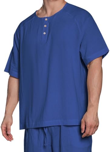 Linen Shirts for Men Slim Fit Button Round Neck Solid Color Short Sleeve Blouses Casual Fashion Lightweight Tees Top