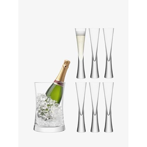 LSA International Moya Champagne Serving Ice Bucket and Flutes 6 oz, Set of 7, Luxury Elegant Curved Mouth Blown Glassware
