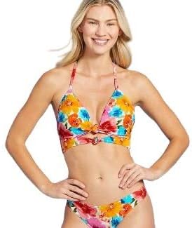 Shade & Shore Women's Lightly Lined Longline Double Knot-Front Bikini Top Pink Floral