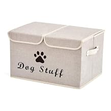 Geyecete Large Storage Boxes - Large Linen Fabric Foldable Storage Cubes Bin Box Containers with Lid and Handles for Dog Apparel & Accessories, Dog Clothing(Beige)