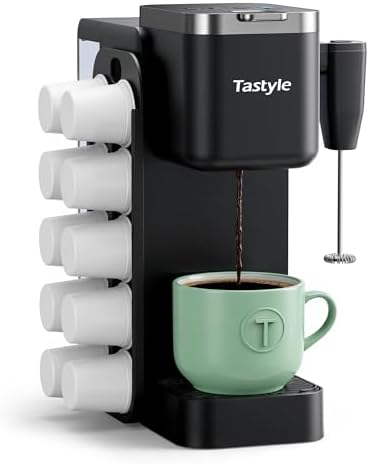 Tastyle Single Serve Coffee Maker with Built-in Detachable Milk Frother & Magnetic K-Pod Organizer, 6 Cup Sizes, Fits 7.3" Travel Mug, Black