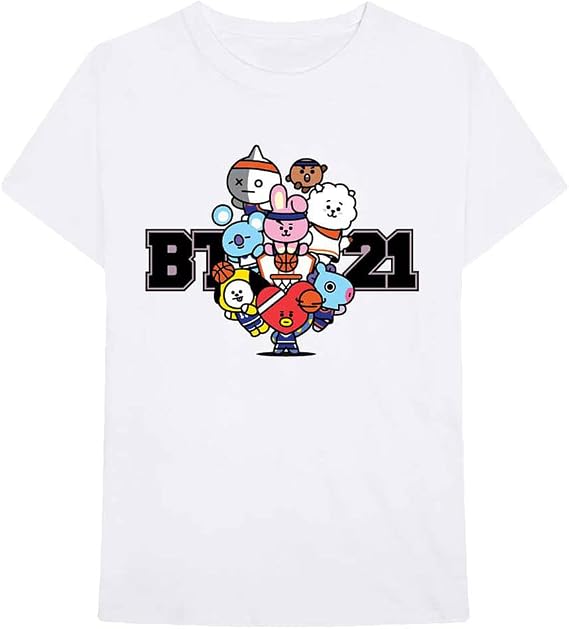 BT21 BTS Kpop Unisex Cotton Crew Neck Short Sleeves Tee Shirt (Dream Team White, Medium)