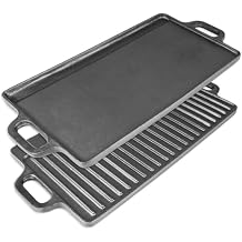 Hothit 2-in-1 Reversible 19.5 x 9 Cast Iron Griddle with Handles, Preseasoned & Non-Stick for Gas Stovetop, Oven and Open Fire