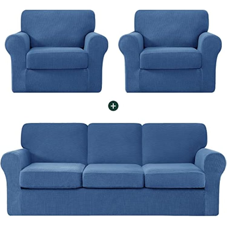 CHUN YI Two Armchair Sofa Slipcovers Bundles Large Couch Cover with Separate Backrests and Cushions, Checks Spandex Jacquard FabricDenim Blue