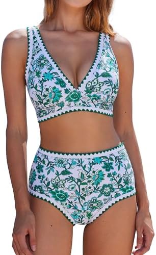 MOOSLOVER Women Bikini Sets Plunging High Waisted Swimsuit Whip Stitch 2 Piece Bathing Suits