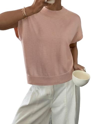 BLENCOT Womens Cap Sleeve Sweaters Summer Casual Short Sleeve Knit Tank Tops Loose Fit Crew Neck Pullover
