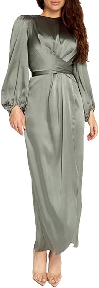StarDY Women's Plain Satin Abaya Dress Round Collar Balloon Sleeve Wrap Waist Slit Maxi Dress Middle Eastern Muslim Gown
