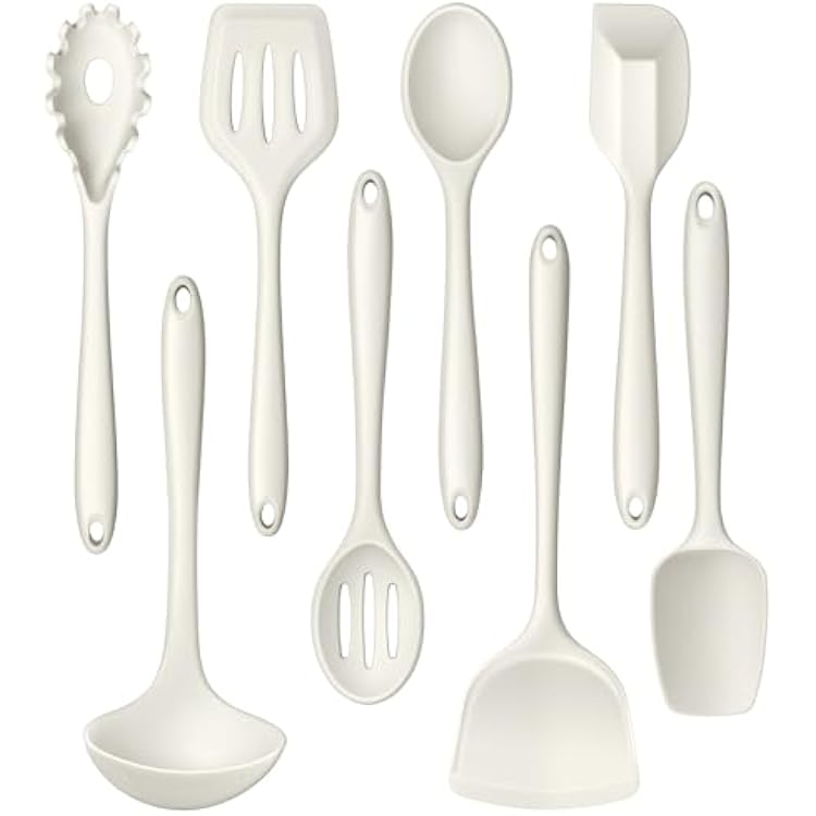 LIANYU 8Pcs Kitchen Cooking Utensils Set, Silicone Utensil Sets, Heat Resistant Kitchen Gadgets Essentials for Nonstick Cookware with Spatula, Spoon, Tuner, Ladle, Dishwasher Safe, White