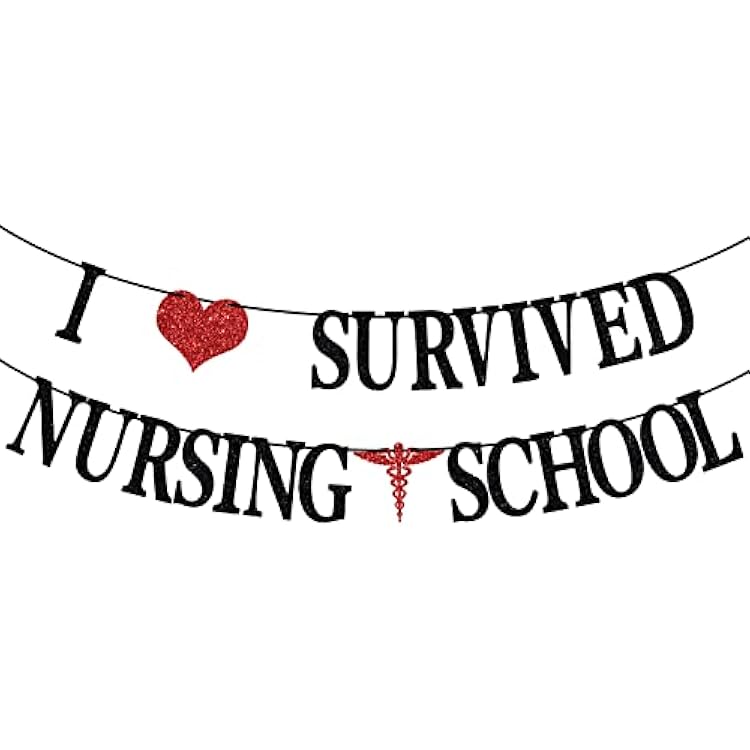 I Survived Nursing School Banner, Congrats NuseBSN RN LPN Grad, 2024 Nurse Graduation Party Decoration Supplies, Black and Red Glitter