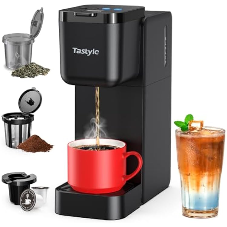Tastyle Single Serve Coffee Maker for K Cup, Ground and Tea Leaves, Hot and Iced Coffee Machines with Bold Setting, 6 to 16 Oz Brew Sizes, Compact for Small Spaces, Black 2.0 Version