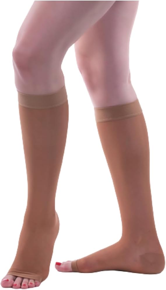 Allegro Women's Sheer Knee High 8-15 mmHg Open Toe Compression Stockings | Smooth dress hose with a wide soft top band a comfortable, polished fit for work, travel and long days on your feet.