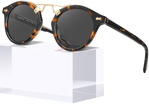 CARFIA Small Face Acetate Polarized Sunglasses for Women UV Protection, Retro Double Bridge Eyewears Metal Brow Round Sunnies