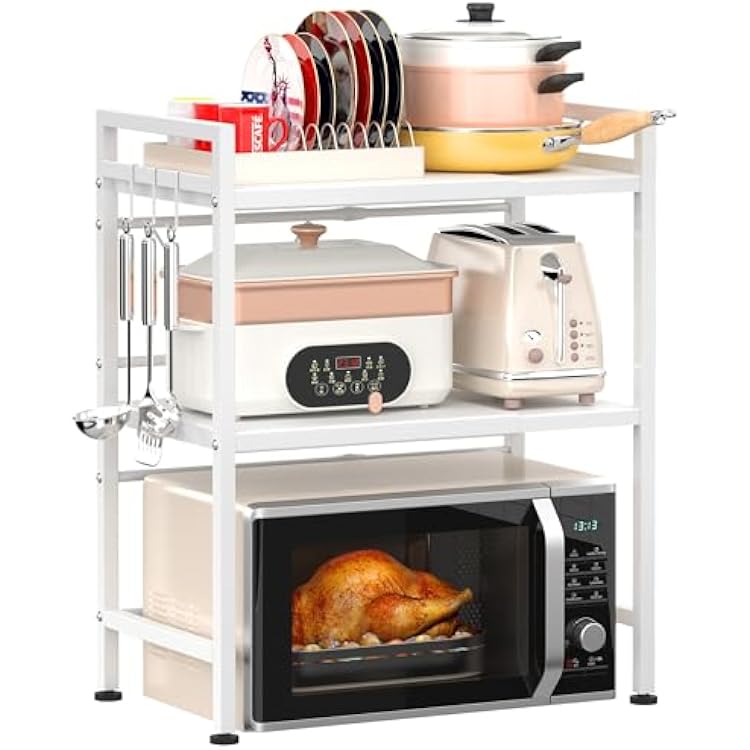 PUSDON Microwave Oven Rack, Adjustable Shelf Organizer 3-Tiers with 3 Hooks, 160lbs Capacity for Kitchen Counter, White
