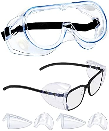 MELASA 2 Pairs Safety Glasses Side Shields for Prescription Glasses,Slip on Clear Eye Glasses,and 1 Pack Safety Goggles ANSI Z87.1, Anti-Fog Protective Lab Goggles