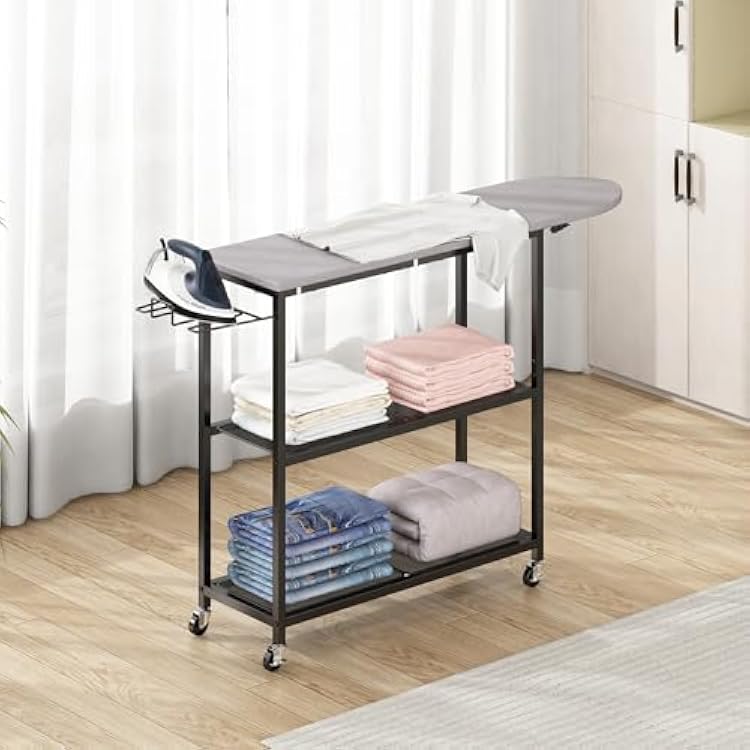 GILLAS Ironing Board with 2 Tier Storage Basket, Movable Ironing Board Full Size for Iron Rest & Clothes, Tabletop Ironing Boards, Ironing Stand Iron Boards Ironing Table Rustic