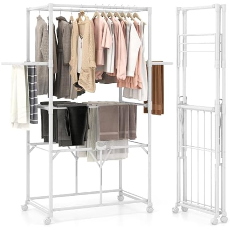 Tangkula Foldable Clothes Drying Rack, 68.5 Aluminum Laundry Rack with Hanging Rods & Drying Shelves, Universal Wheels with Brakes, Indoor Outdoor Garment Rack for Household Use White