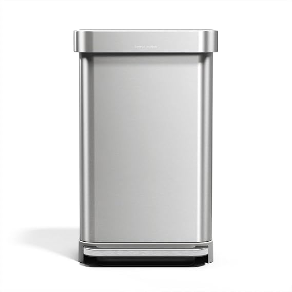 simplehuman Rectangular Step Can, 45L / 12 Gallon Kitchen Trash Can, Liner Rim System, Liner Pocket, 150,000-Step Pedal, Lid Shox Silent Close, Brushed Stainless Steel with Grey Plastic Lid