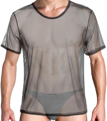 Mens See Through T-Shirts Sexy Mesh Shirt Sheer Short Sleeve Undershirt Breathable Top for Men
