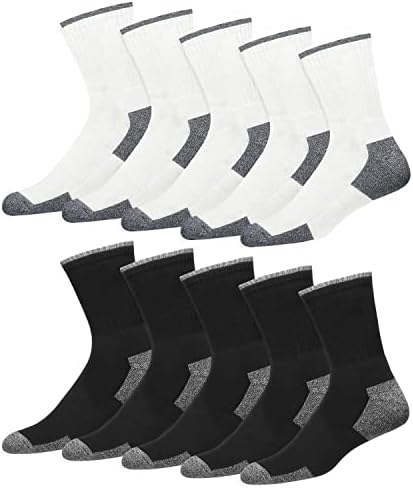 Mens Crew Socks 10-Pack Cushion Reinforced Durable Socks, Pack of 10 Pairs