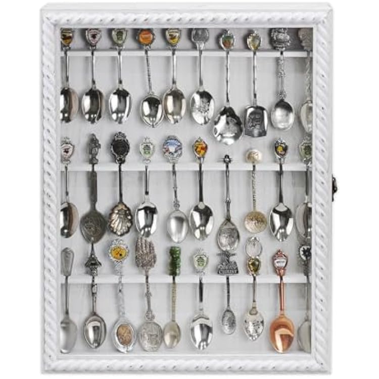 Ikee Design Wooden 30-Souvenir Spoon Display Case Cabinet, Wall-Mounted Tea Spoon Rack with Tempered Glass Door Suitable for Collection Display, Antique White Color, 13.4W x 2.6D x 15.7H in