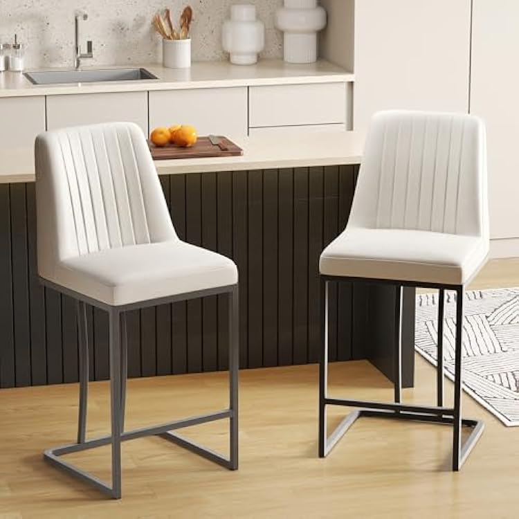 LSSBOUGHT Counter Height Bar Stools Set of 2 24 Upholstered Padded Barstools with Back Glam Kitchen Island Chairs with Black Metal Iron Frame Beige,2pcs