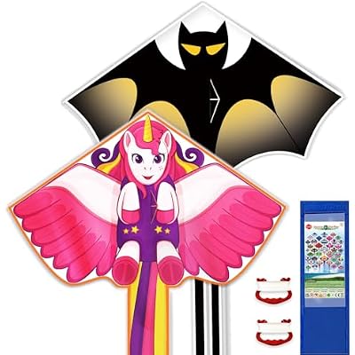 2 Pack Kites for Kids Ages 4-8 8-12 & Adults, Large Black and Unicorn Kite Easy to Fly for Beginner, Beach Kites with Kite String and Handle, for Boys Girls Family Party Outdoor Activities Gifts
