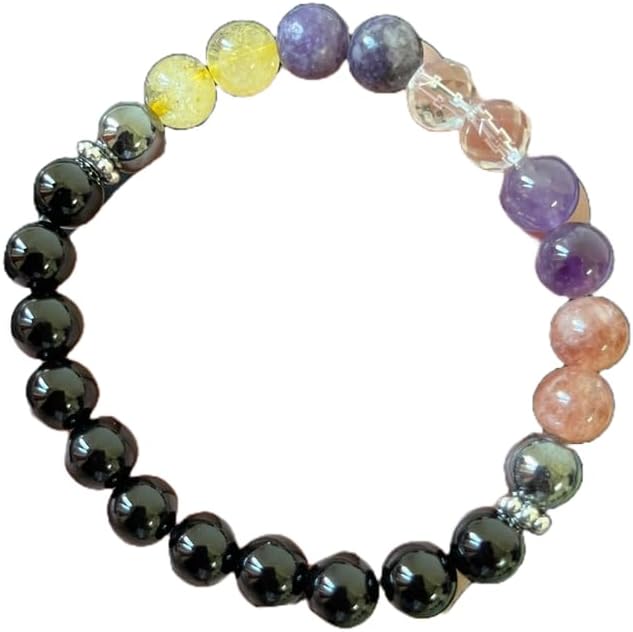 WWG Lepidolite, Amethyst, Phenakite, Sunstone, Citrine, Hematite & Black Onyx 8mm rondelle smooth 7inch Natural Gemstones Beaded Bracelets for Men Women Healing Crystal Stretch Beaded Bracelet Unisex