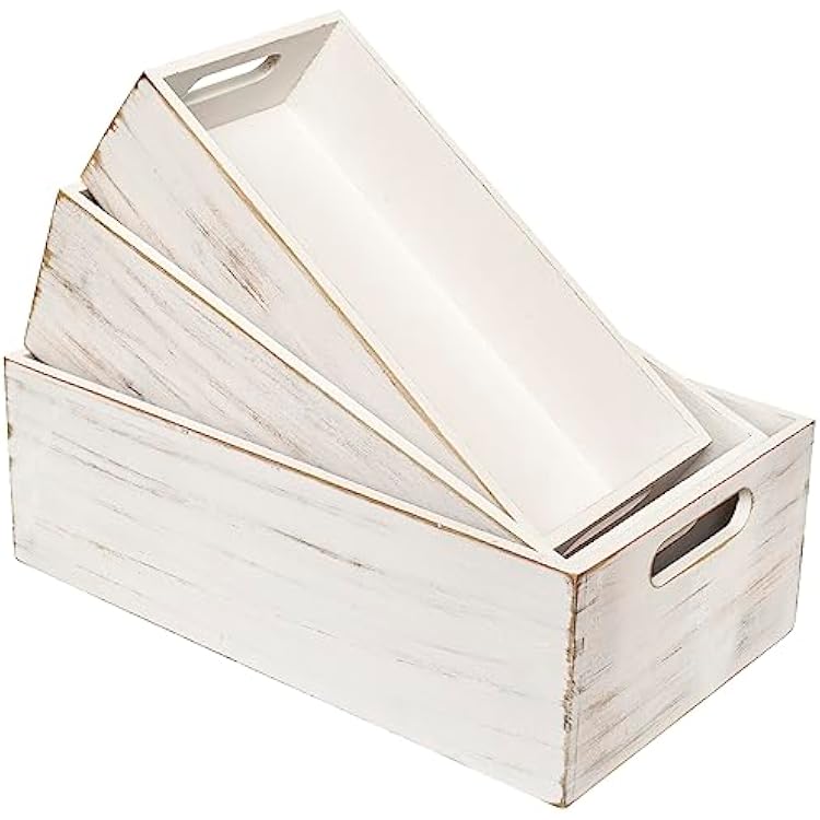 Set of 3 White Wooden Boxes for Storage Small Crates for Display and Organizing, Farmhouse Style Storage Boxes for Crafts, Decor, Home Pantry and Living Room