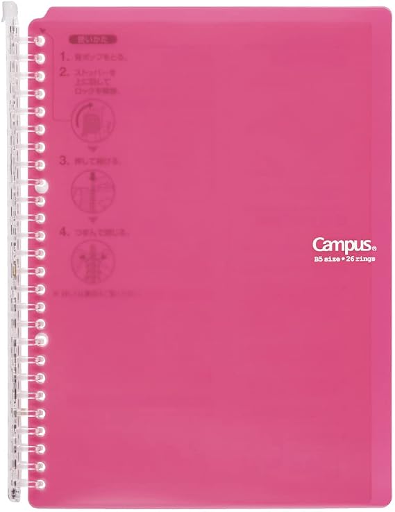 Kokuyo Campus Smart Ring Binder, B5 Pink Refillable Binder Notebook 26 Holes with 10 Extra Loose-Leaf Paper, Up to 60 Filler Papers for Work & Study, Japan Import (RU-SP706P)